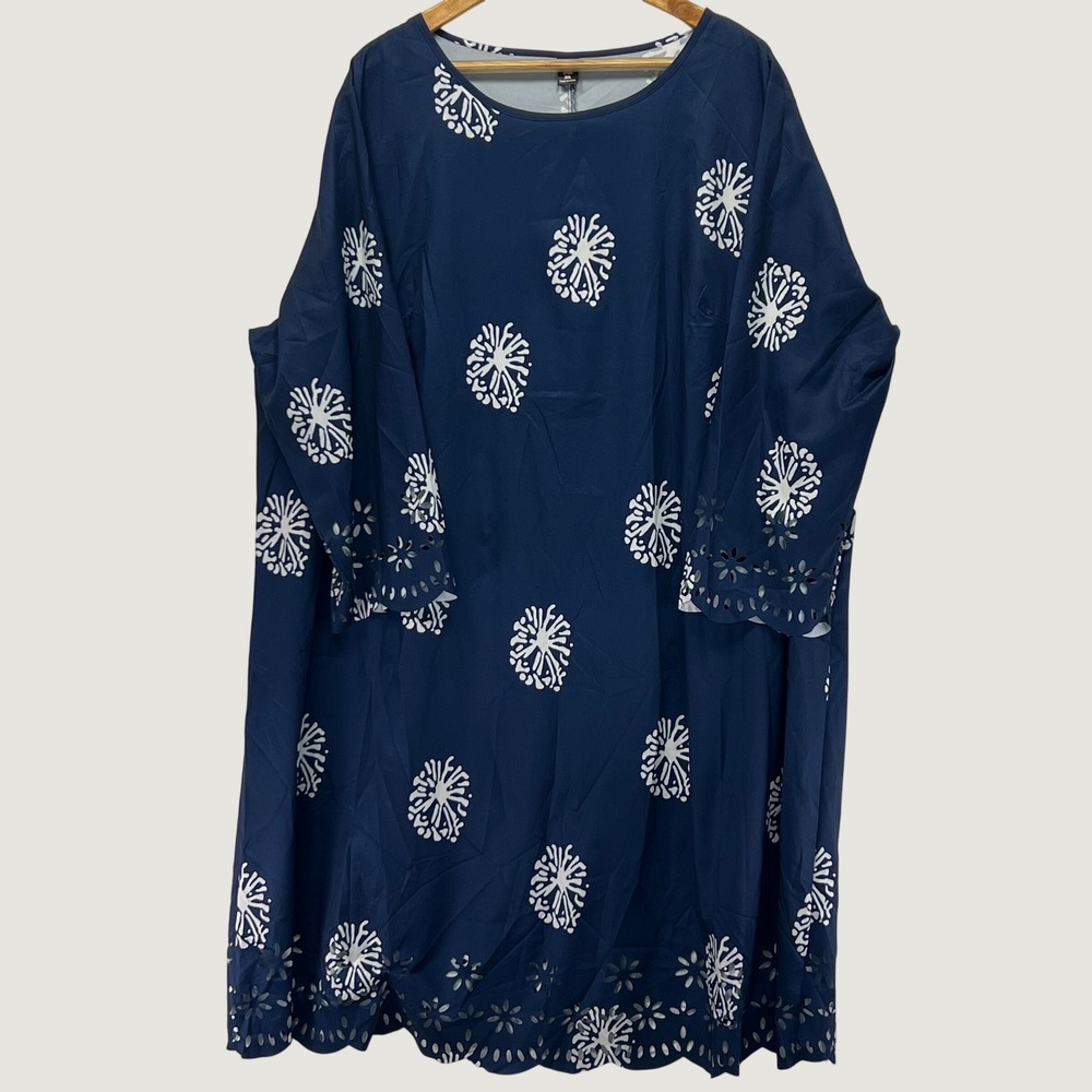 Sason Curve Navy Blue & White Floral Eyelet Hem Shift Dress Women 3XL Plus Size